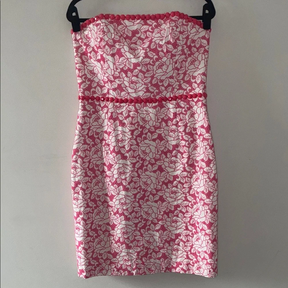 Lilly Pulitzer Allegra White Pink Roses Beaded Strapless Eyelet Lace‎ Dress - Picture 3 of 5